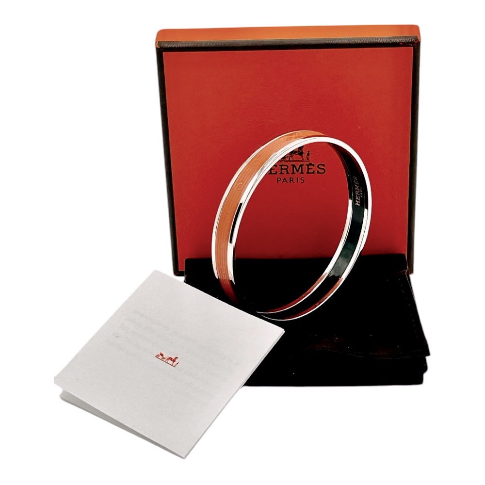 Hermès Sellier Etched Silver & Orange Enamel Bangle Bracelet